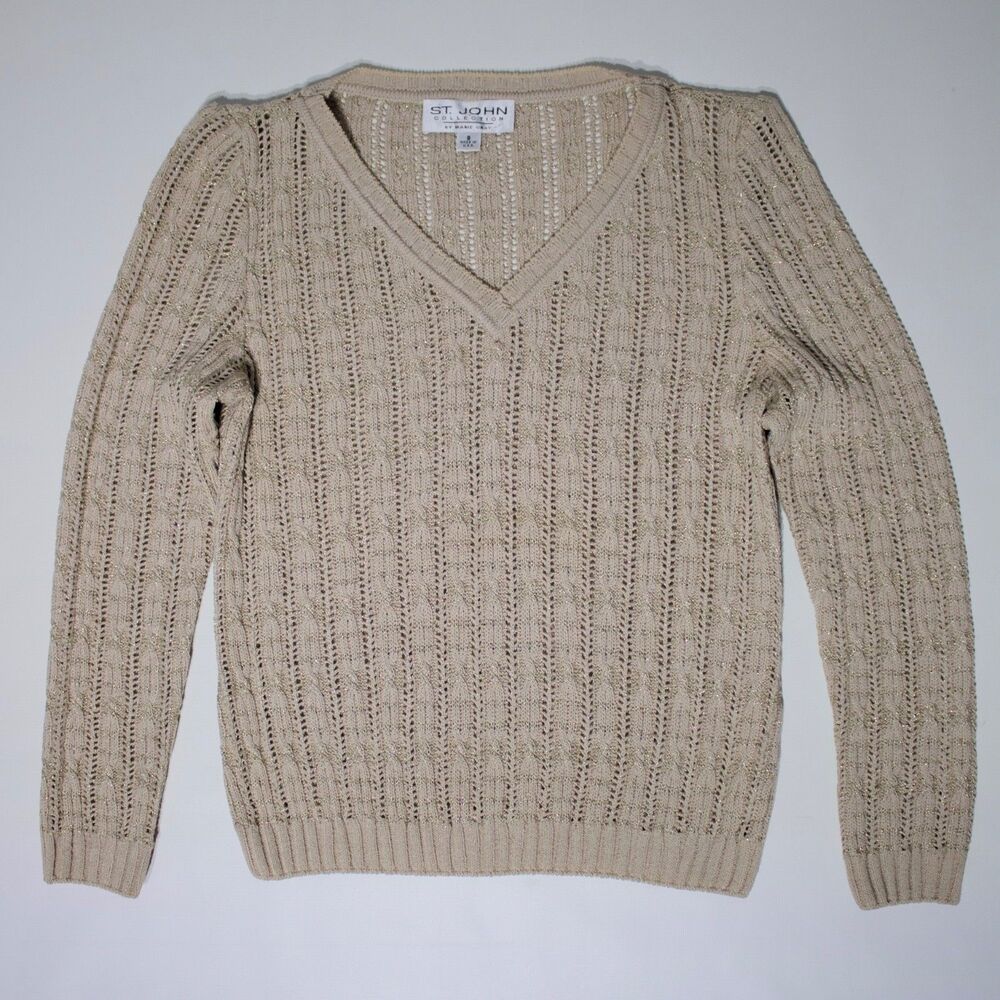 St. John Collection Marie Gray USA Gold Metallic Sparkle V-Neck Sweater Women 8